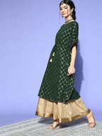 Janasya Women Green Checked New Age Kaftan Kurta | Grocsy