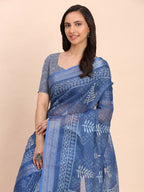 Shree Shyam Fashion Linen Cotton Indigo Blue Saree | Grocsy