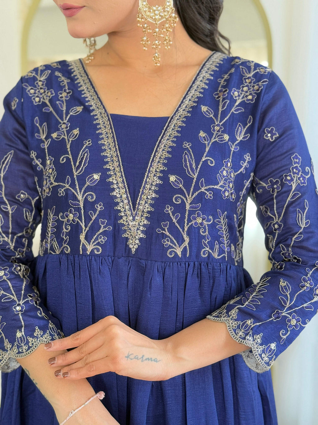 The52 Blue Women's Beautiful Embroidered Vichitra Silk Fabric with Flared Kurta, Pant and Dupatta Set | Grocsy