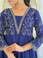 The52 Blue Women's Beautiful Embroidered Vichitra Silk Fabric with Flared Kurta, Pant and Dupatta Set | Grocsy