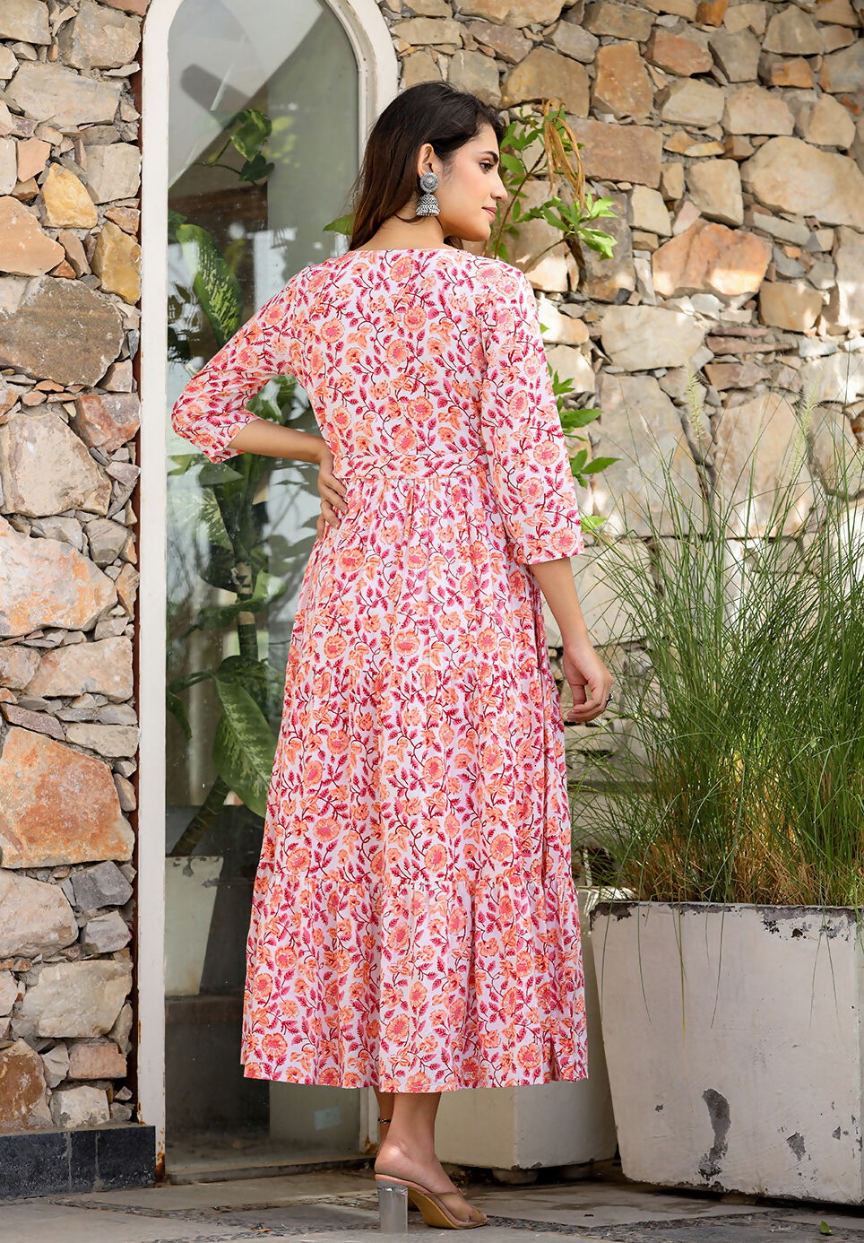 Kaajh Women's Orange Ethnic Floral Hand Block Print Cotton Dress | Grocsy
