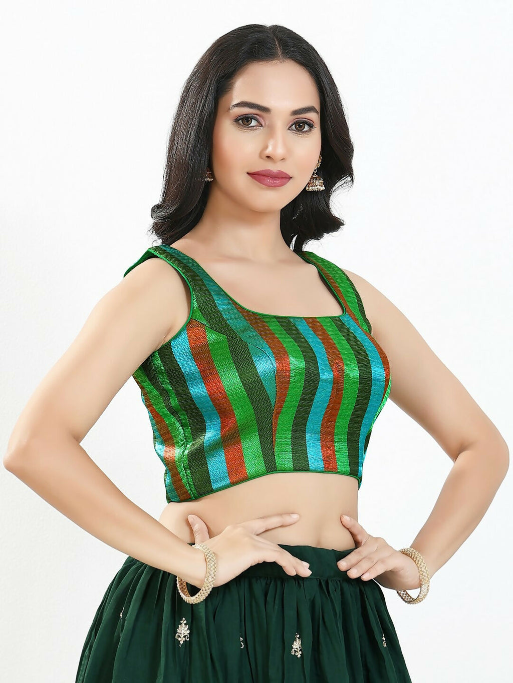Joban Fashion Green Multi Brocade Padded Blouse With Square Neck Sleeveless | Grocsy
