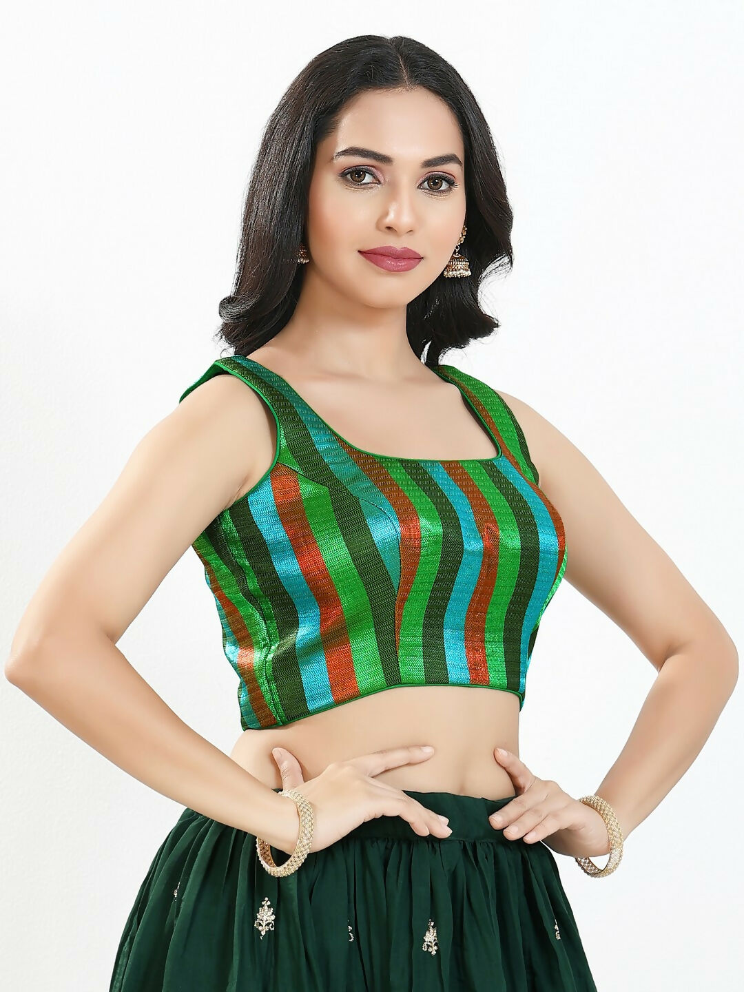 Joban Fashion Green Multi Brocade Padded Blouse With Square Neck Sleeveless | Grocsy