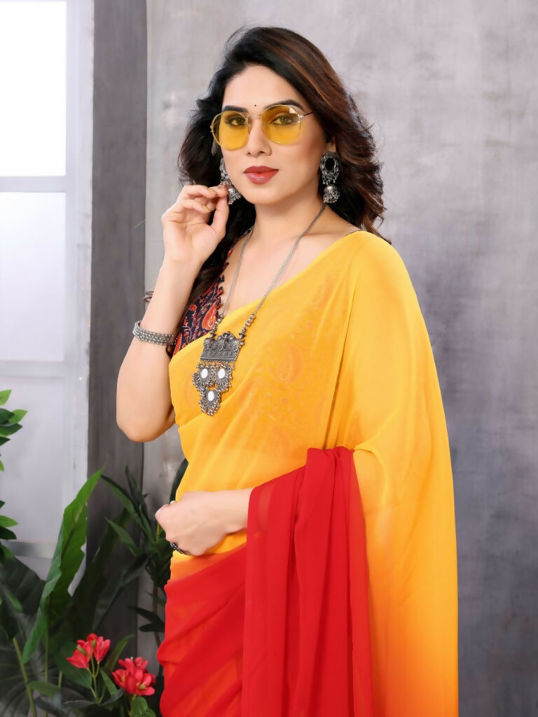 Partywear Designer Yellow & Red Georgette Fancy Saree - Satrangi | Grocsy