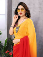Partywear Designer Yellow & Red Georgette Fancy Saree - Satrangi | Grocsy
