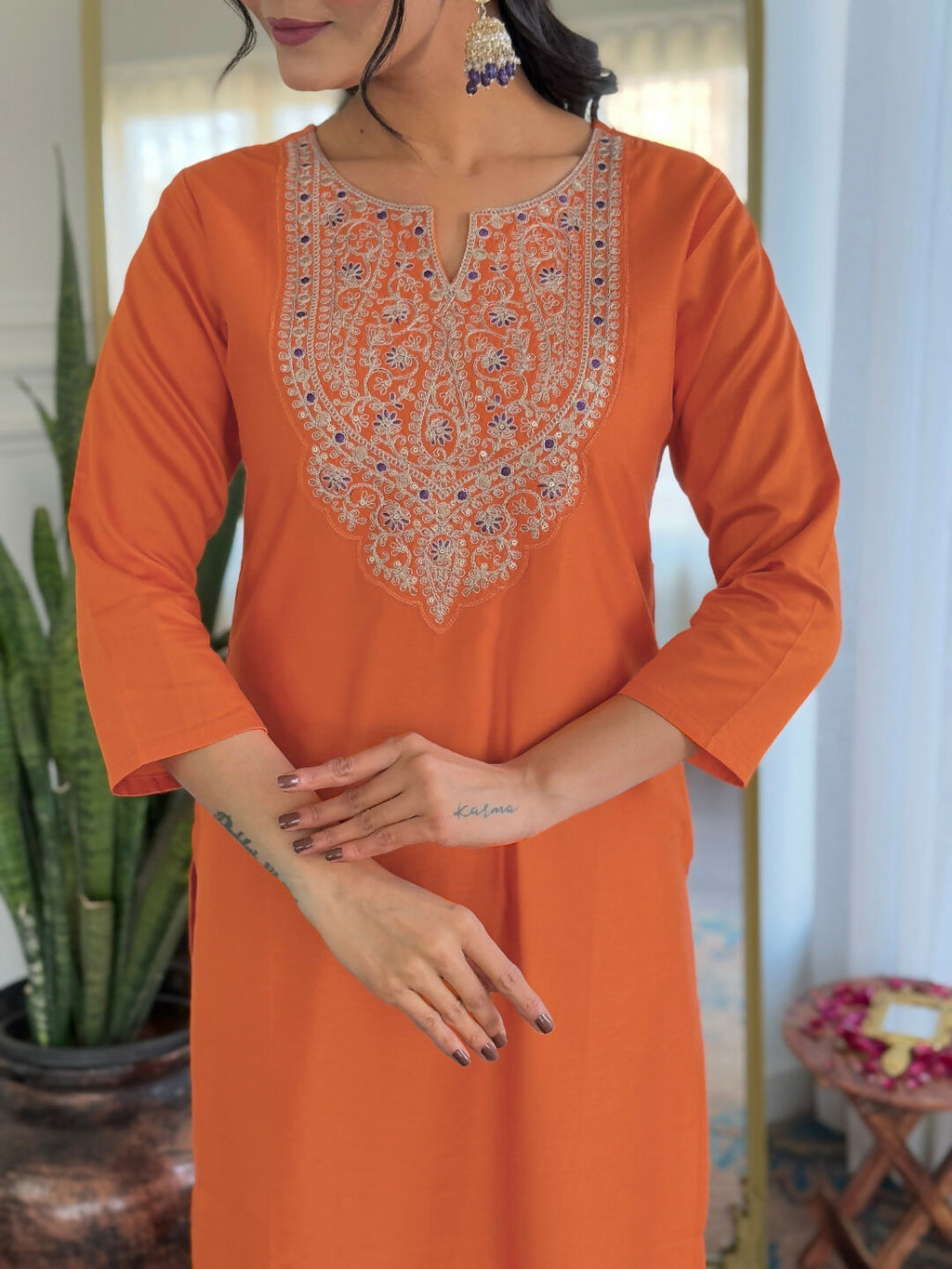 The52 Orange Women's Gorgeous Embroidered Rayon Fabric with Straight Kurta, Pant and Dupatta Set | Grocsy