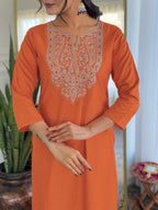 The52 Orange Women's Gorgeous Embroidered Rayon Fabric with Straight Kurta, Pant and Dupatta Set | Grocsy