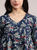Aavyora Women's Navy Blue Cotton Tunic with Red and White Floral Print, Pin-Tuck Detailing, and Flared Sleeves | Grocsy