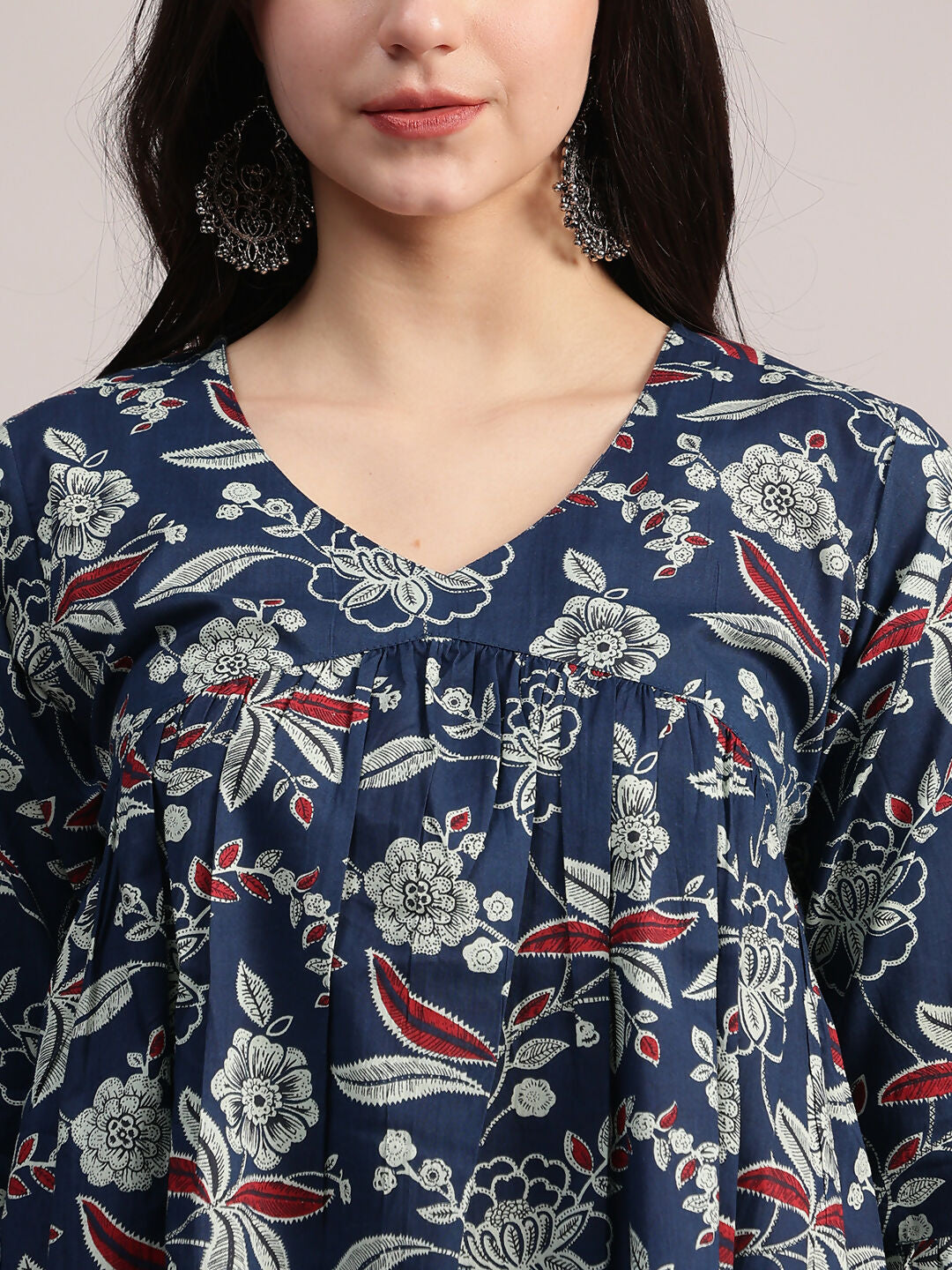 Aavyora Women's Navy Blue Cotton Tunic with Red and White Floral Print, Pin-Tuck Detailing, and Flared Sleeves | Grocsy
