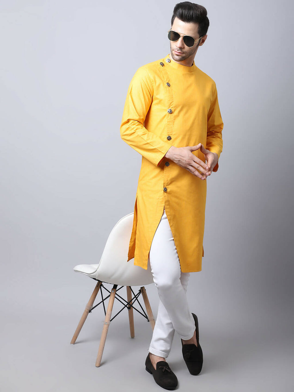 Even Apparels Yellow Pure Cotton Sherwani Kurta With Asymetrical Cut | Grocsy