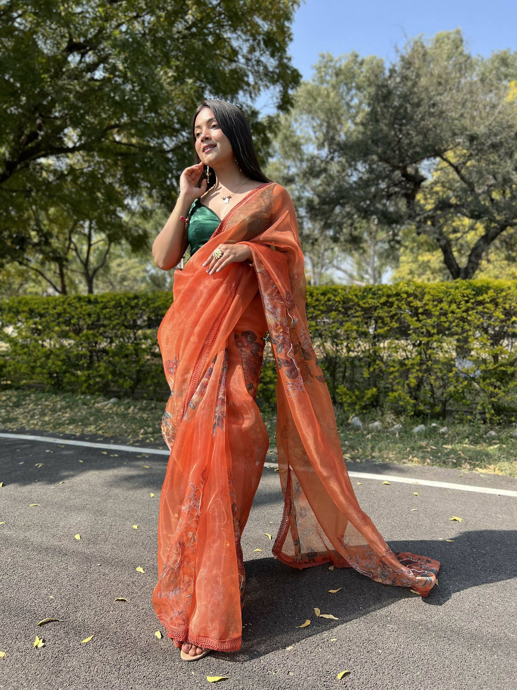 Vamsee Firozi Orange Organza Saree | Grocsy