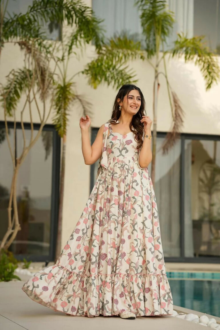 Aayaa Designer Cambric Cotton Printed Full Flaired Gown - Multi Color | Grocsy