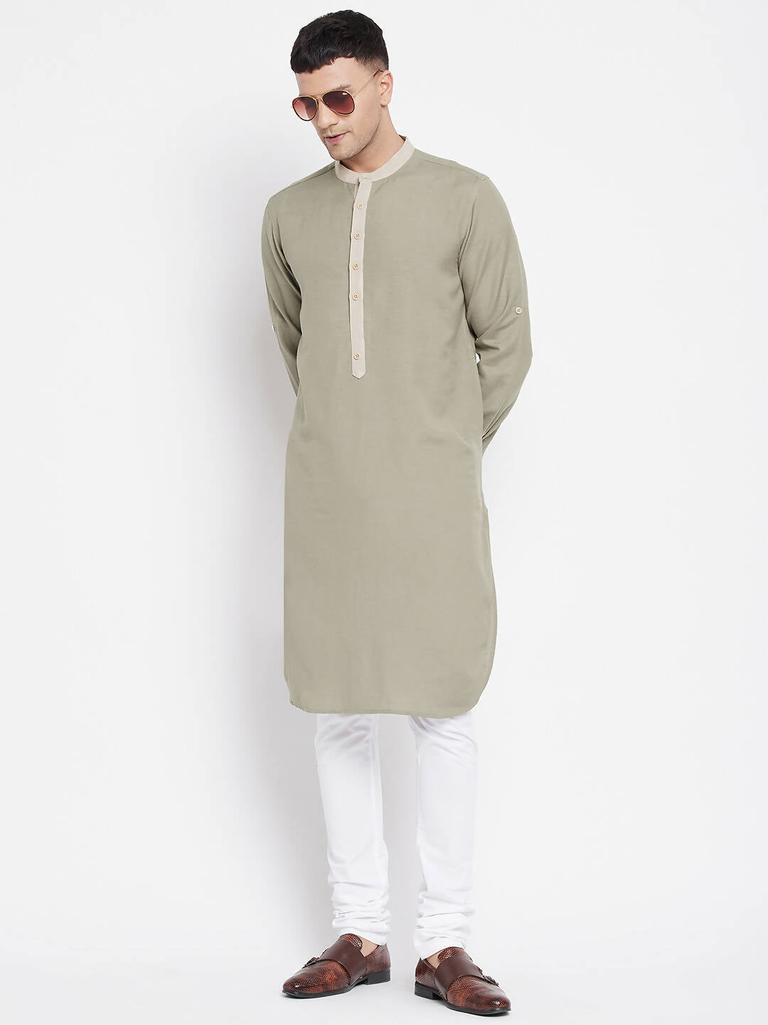 Even Apparels Green Pure Cotton Men's Kurta With Contrast Collar And Placket | Grocsy