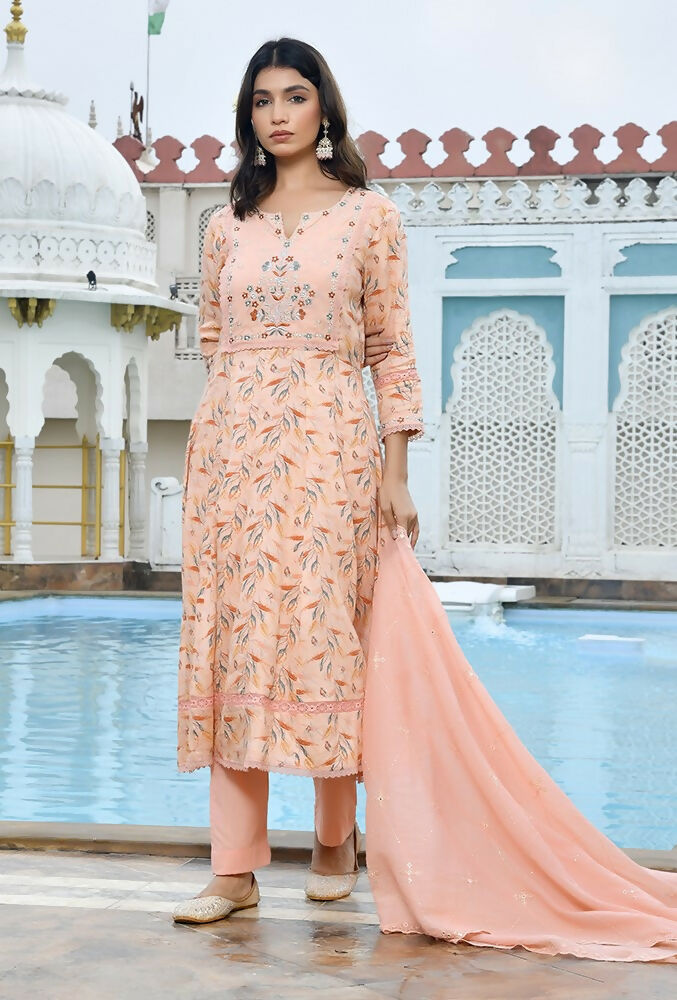 Vaasva Women's Peach Cotton Anarkali Set With Solid Pant And Embroidered Dupatta | Grocsy