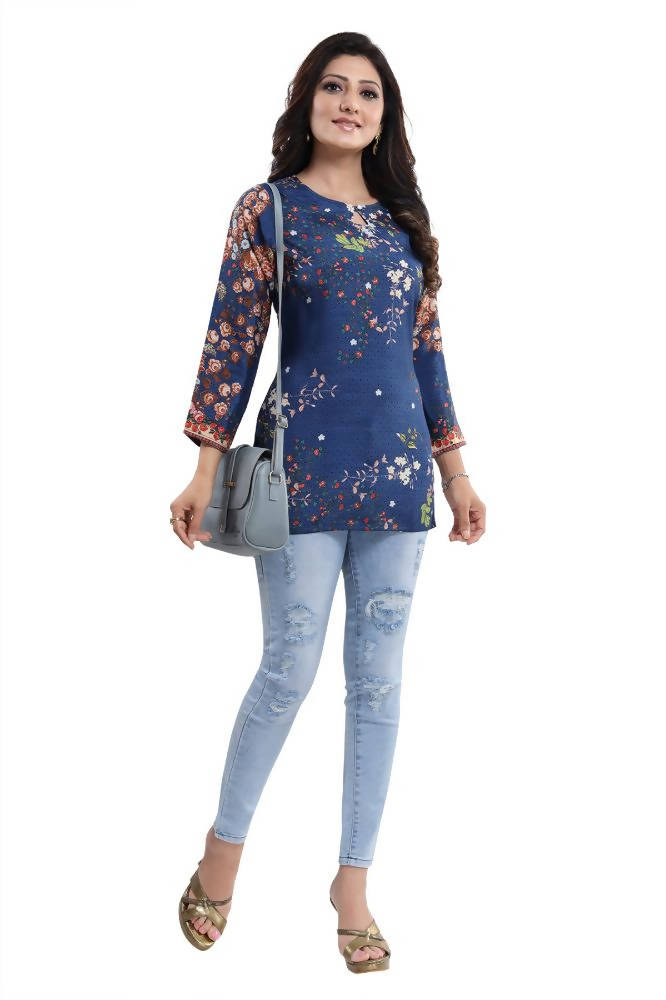 Snehal Creations Blend Well Beautiful Blue Faux Crepe Printed Tunic Top | Grocsy