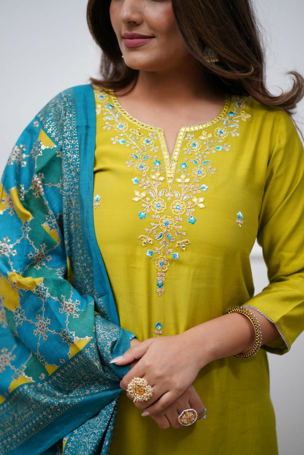 The52 Lemon Beautiful Embroidered Viscose Chanderi Fabric Straight Kurta Pant with Dupatta Set | Grocsy