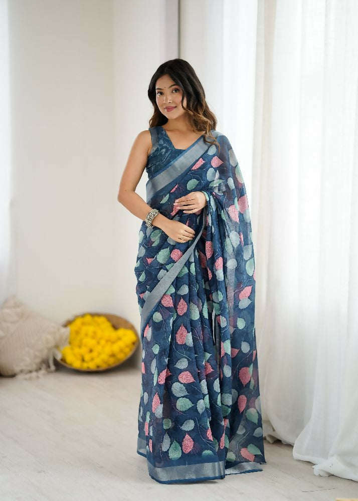 PR Fashion Dark_Blue Linen Patta Printed Saree | Grocsy