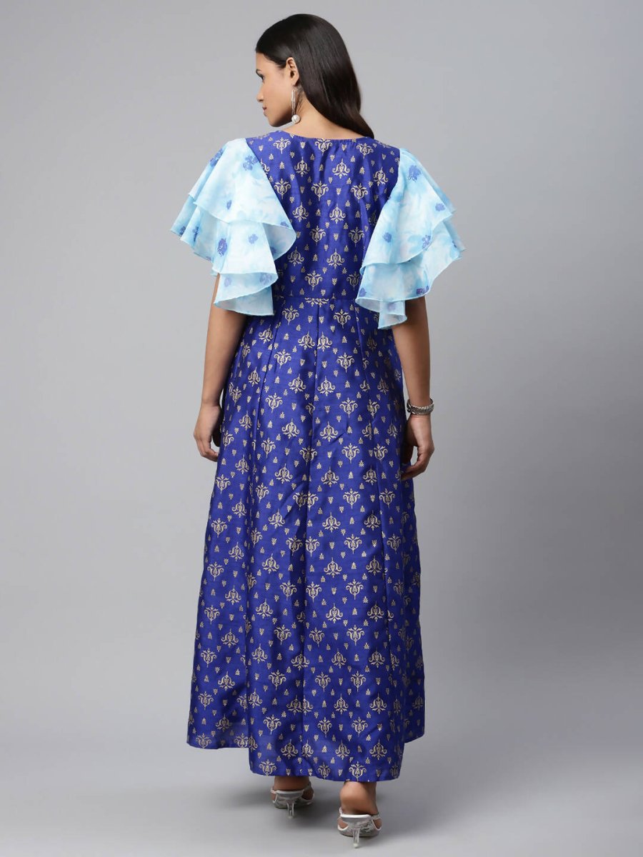 Ahalyaa Women Royal Blue Poly Silk Gold Paste Printed Dress | Grocsy