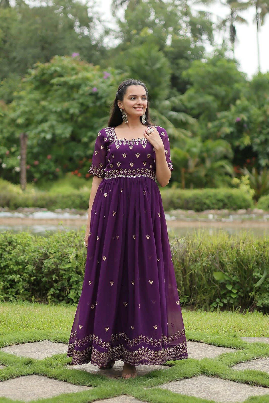 Joban Fashion Purple Georgette Sequence Embroidery Work Gown | Grocsy