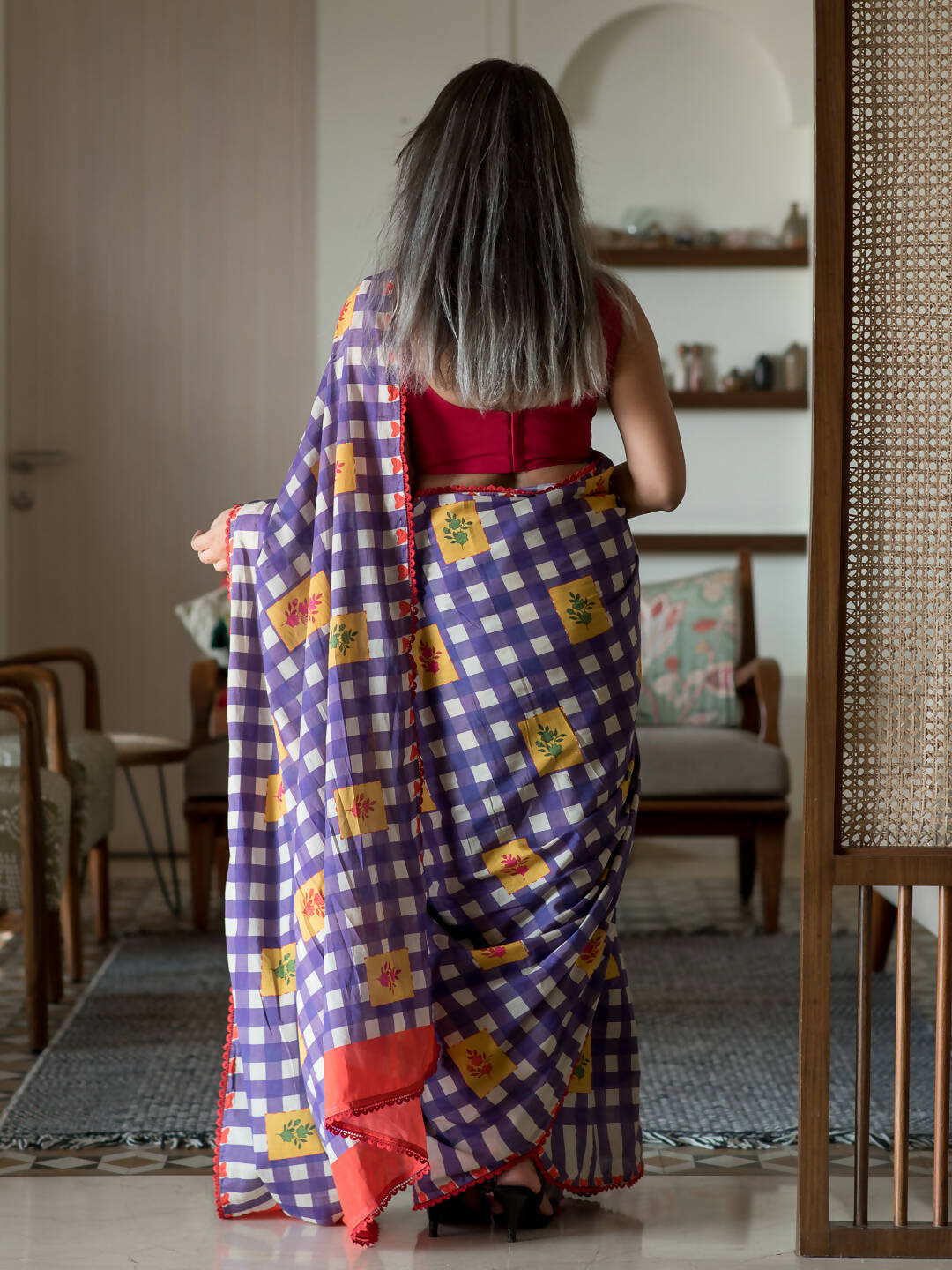Suta Multi Color Checked Pure Cotton Saree | Grocsy