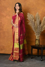 Very Much Indian Handloom Pure Cotton Linen Saree With Golden Border - Maroon | Grocsy