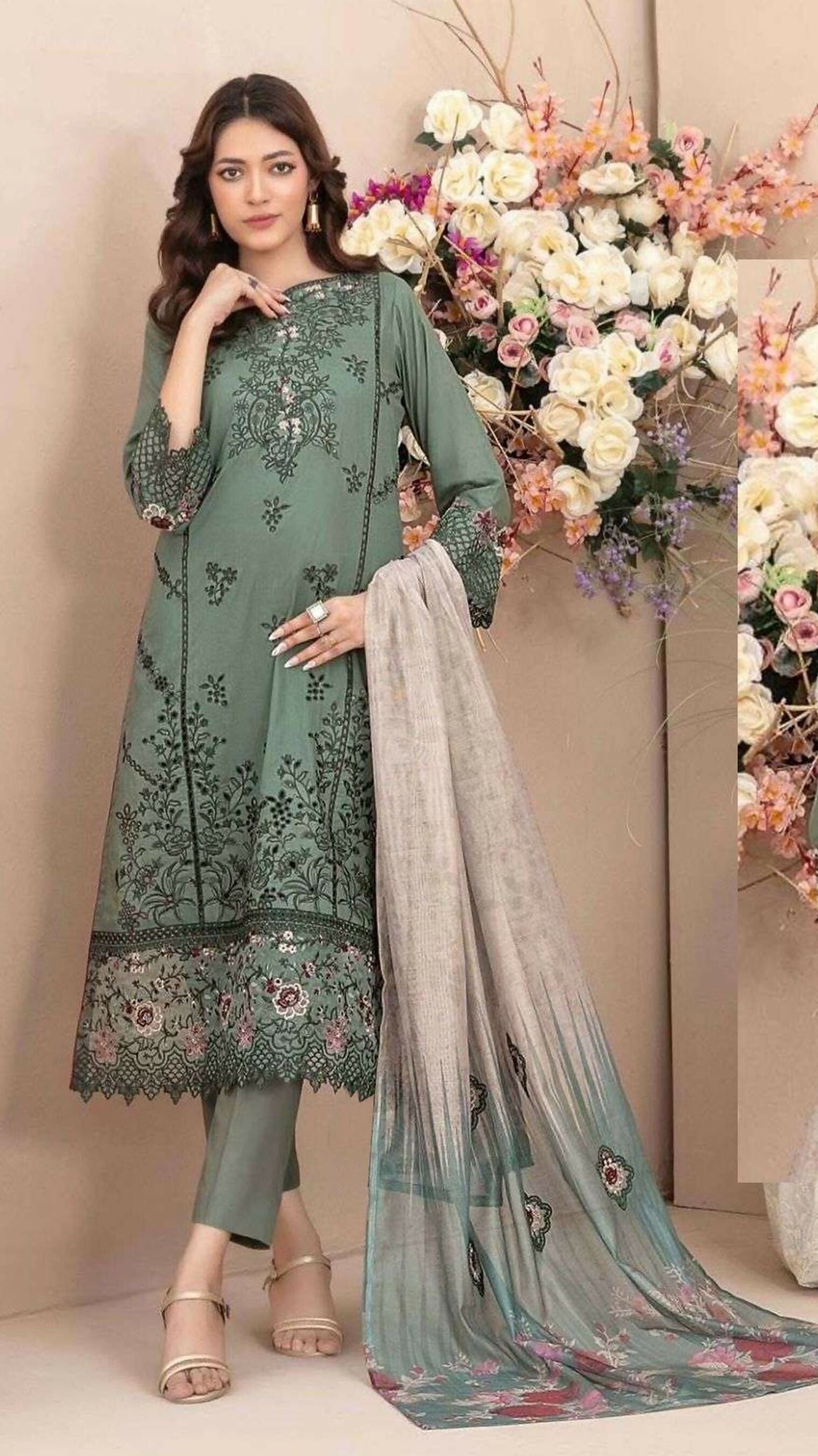 Anaita D Green Cambric Cotton Stitched Suit with Embroidery & Sequence Work | Grocsy