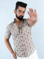 Miravan Men's Floral Printed Half Sleeve Spread Collar Ethnic Motifs Beige Slim Fit Shirt | Grocsy