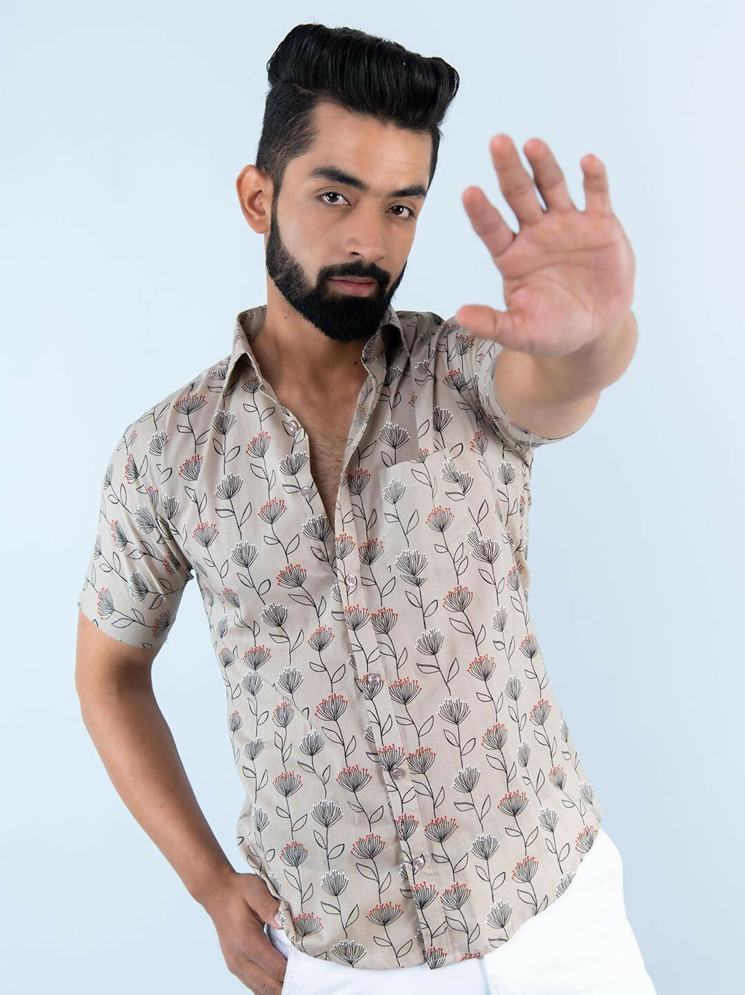 Miravan Men's Floral Printed Half Sleeve Spread Collar Ethnic Motifs Beige Slim Fit Shirt | Grocsy