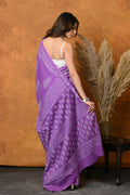 Very Much Indian Handblock Printed Cotton Saree With Natural Dyes - Purple | Grocsy