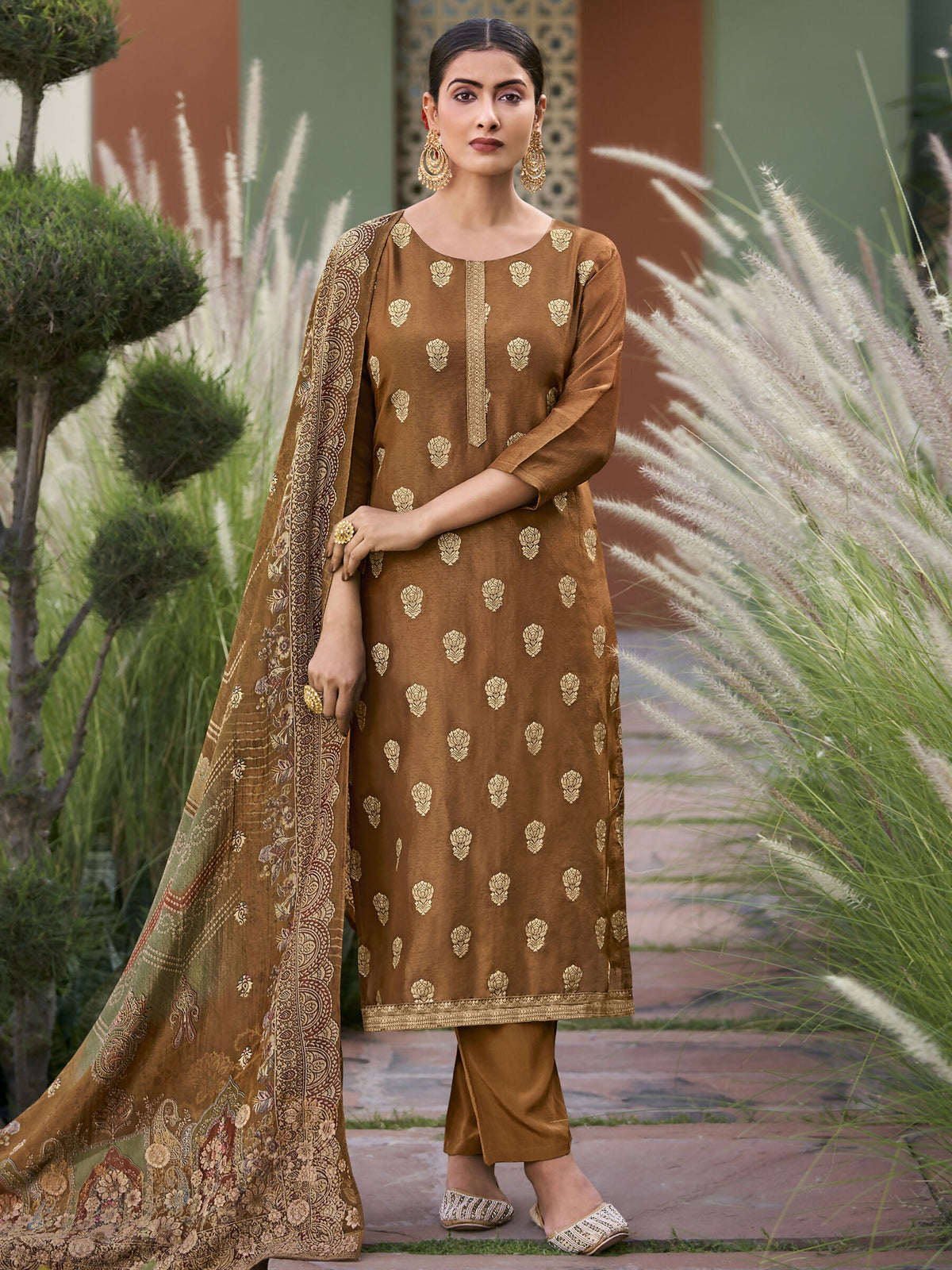 Jyoti Fashion Women's Brown Pure Silk Elegant Jacquard Woven Kurta with Trouser & Dupatta | Grocsy