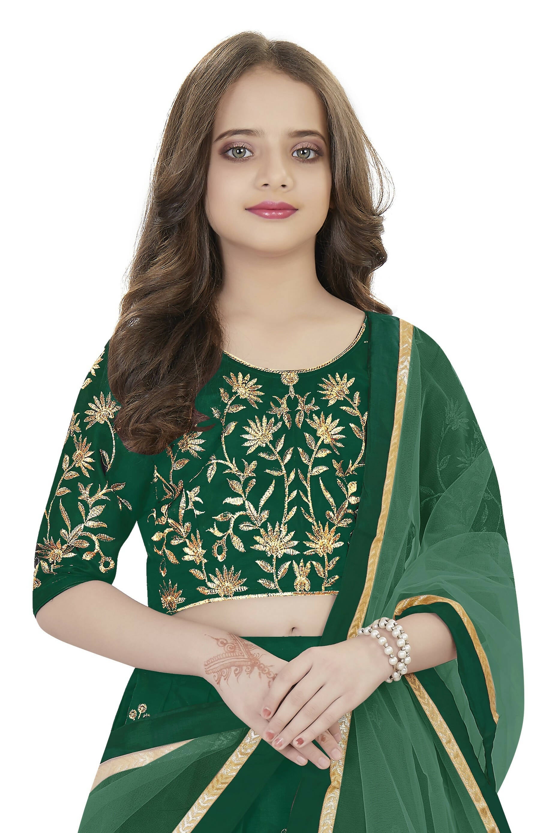 Dwiden Green Rohini Tafetta Sattin Semi-Stitched Girl's Lehenga Choli | Grocsy