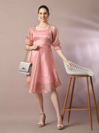 Myshka Women's Pink Solid Square Neck Fit and Flare Party Dress | Grocsy