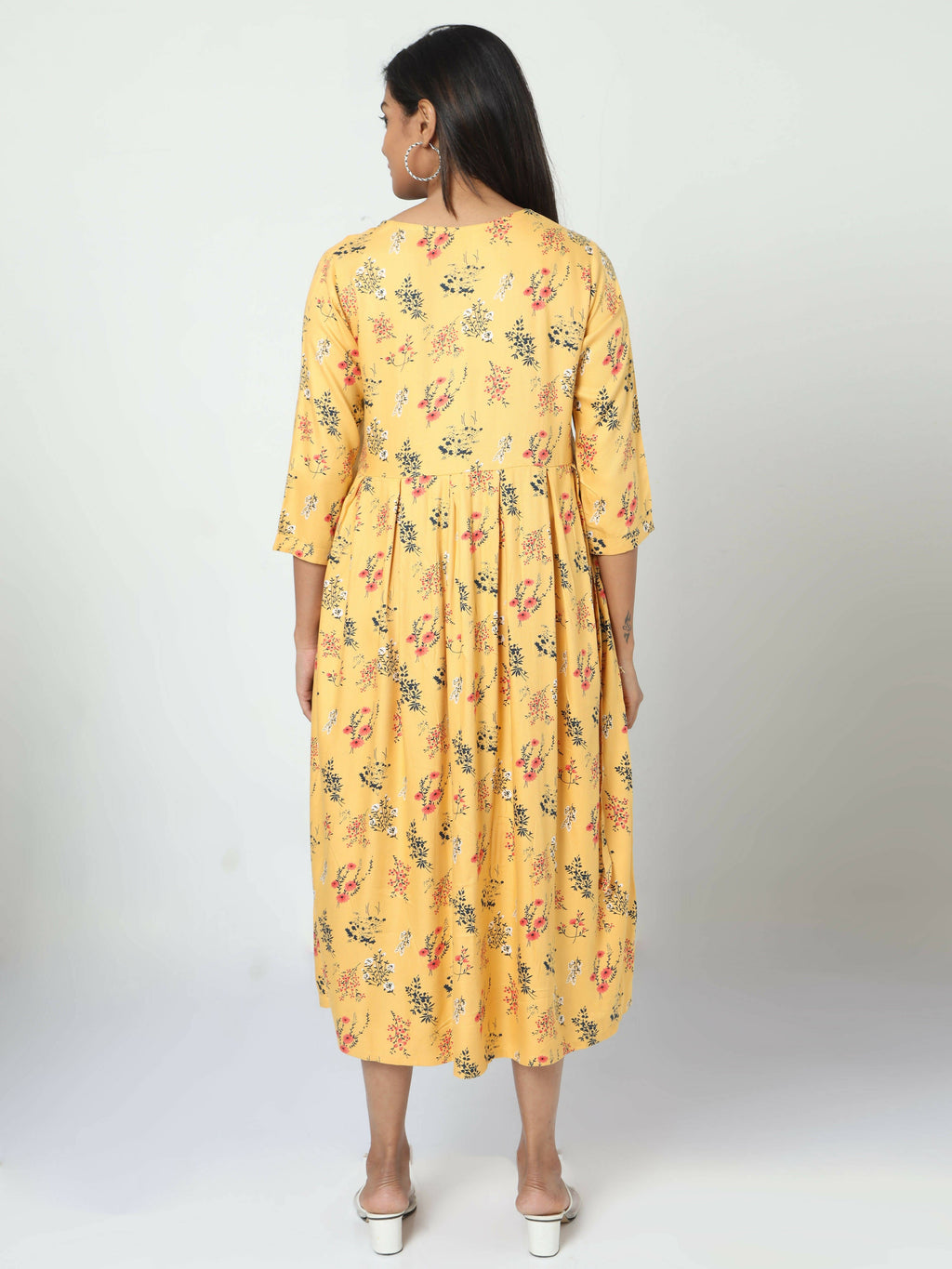 Manet Three Fourth Maternity Dress Floral Print With Concealed Zipper Nursing Access - Yellow | Grocsy