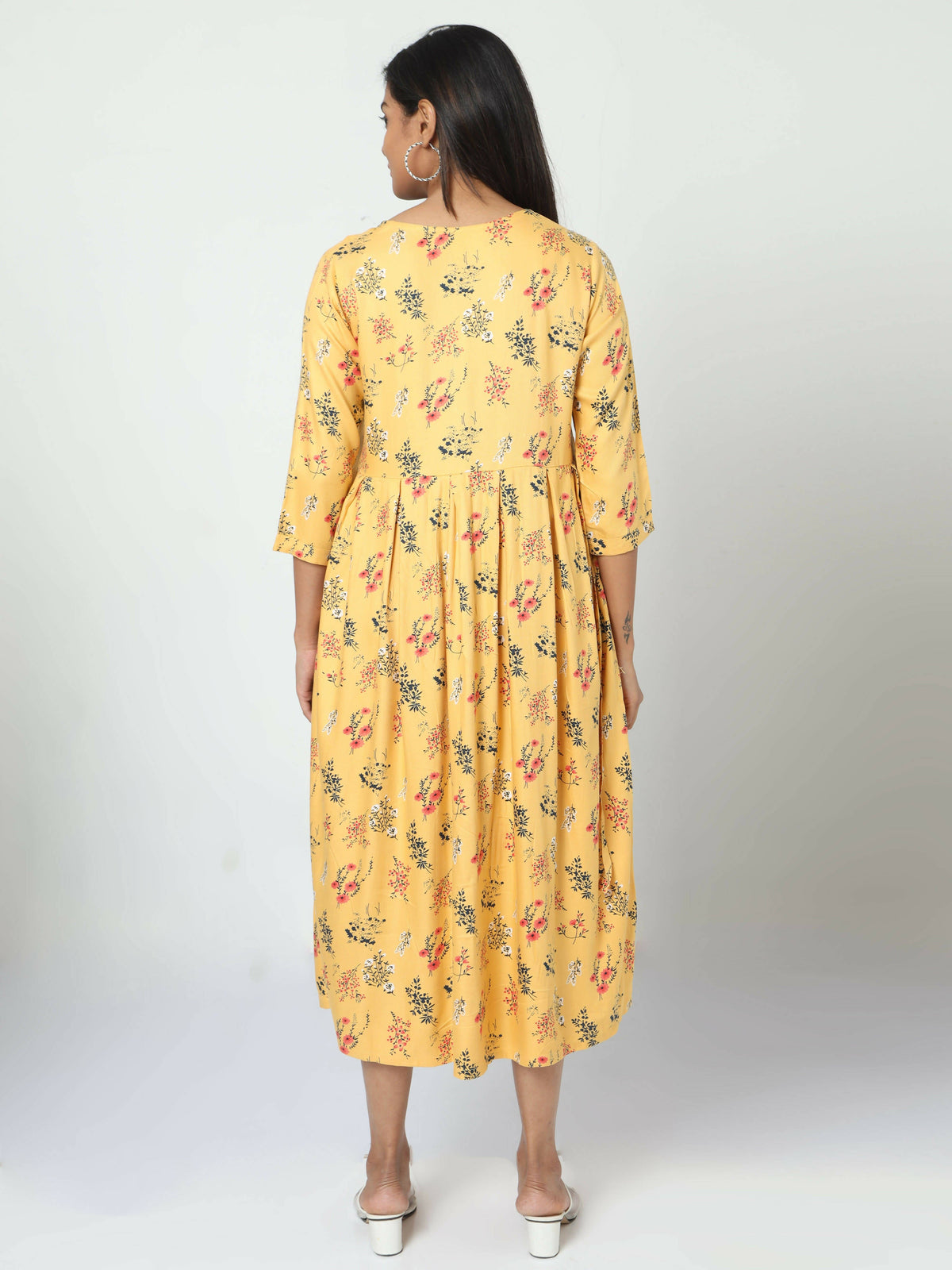 Manet Three Fourth Maternity Dress Floral Print With Concealed Zipper Nursing Access - Yellow | Grocsy