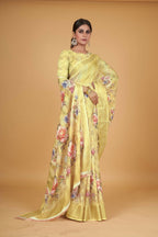 Yellow Cotton Silk Digital Printed Saree With Unstitched Blouse Piece - Alisha | Grocsy