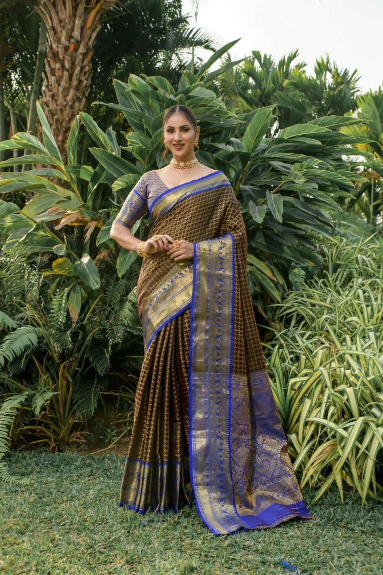 Jyoti Fashion Women's Coffee Kanjivaram Silk Zari Woven Saree with Blouse | Grocsy