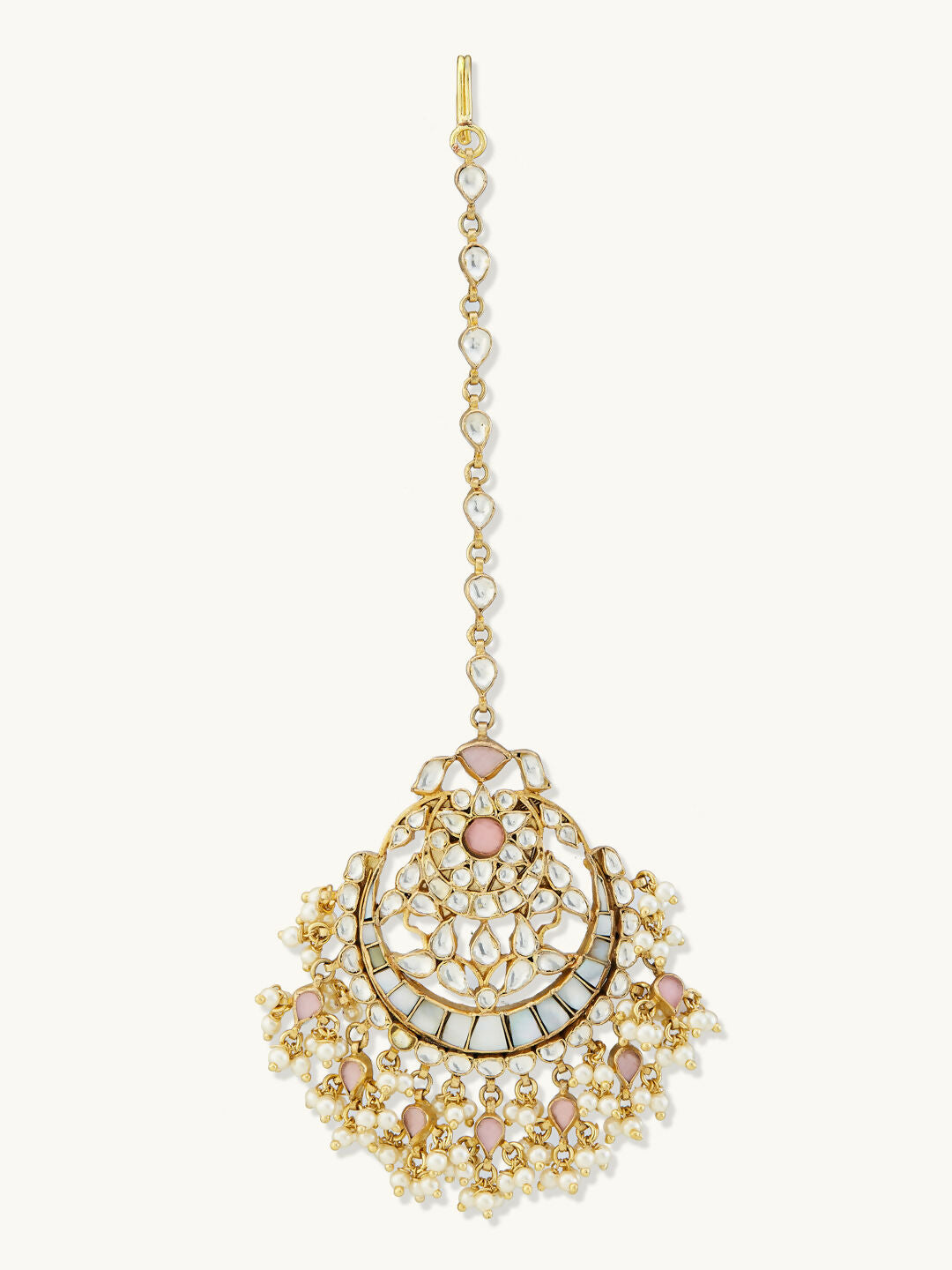 Nuyug 22K Gold-Plated Pearls & Pink Kundan Studded Statement Maang Tikka Head Jewellery | Grocsy