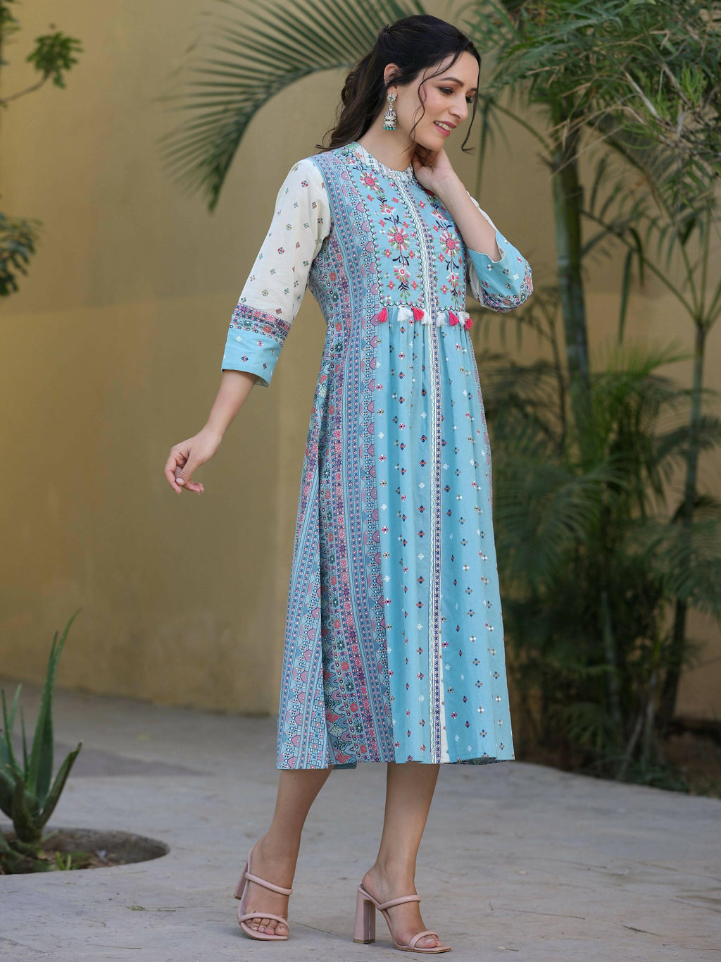 Juniper Women's Skyblue Cambric Printed Flared Dress | Grocsy
