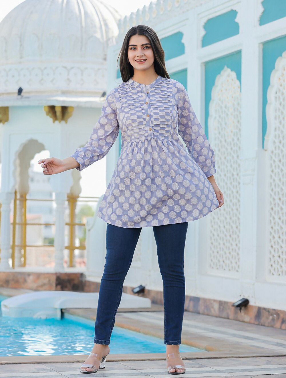Kaajh Women's Grey Hand Block Printed Cotton Top | Grocsy