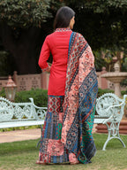Juniper Women's Rust Thered Embroidered Rayon Kurta Sharara & Voile Dupatta Set | Grocsy