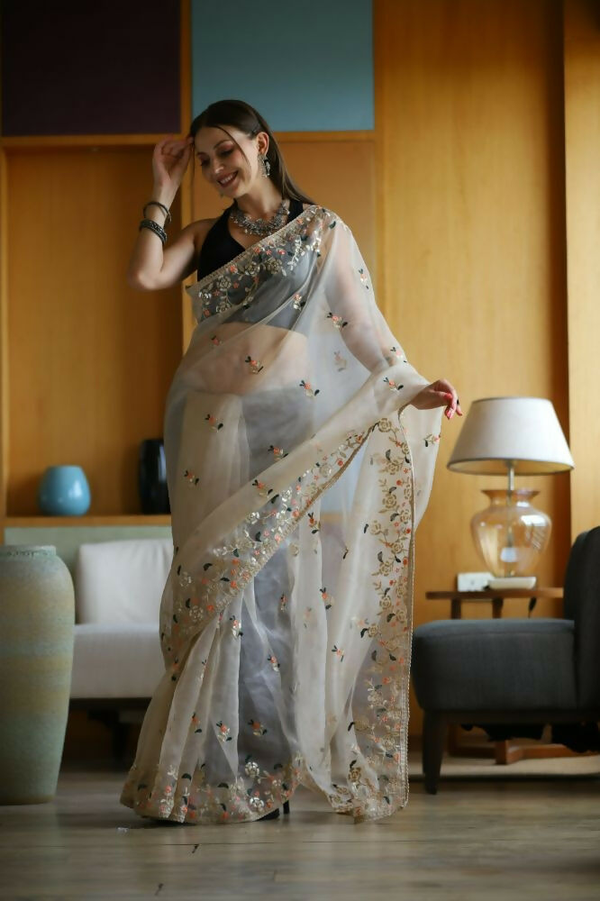 Vamsee Avantika Beige Organza Saree | Grocsy