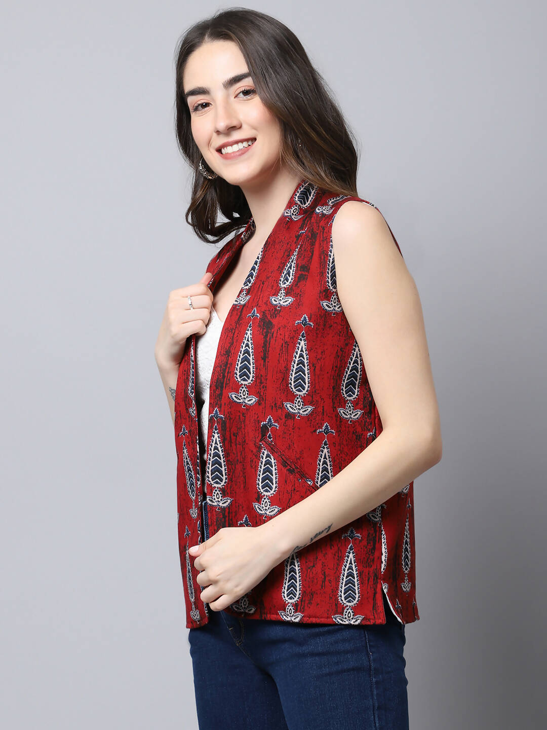 Even Apparels Maroon 100% Viscose Rayon Open Front Gillet | Grocsy