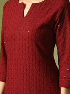 Myshka Women's Maroon Embroidered Cotton Straight Party Kurta Set | Grocsy