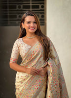 Yellow Pashmina Silk Wevon Kashmiri Meenakari Designer Saree with Unstitched Blouse - Vandini | Grocsy
