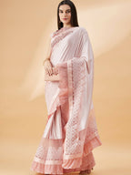Pink Lycra Frill Details, Hand Embroidered Brooch Saree - Norita Hit Design | Grocsy