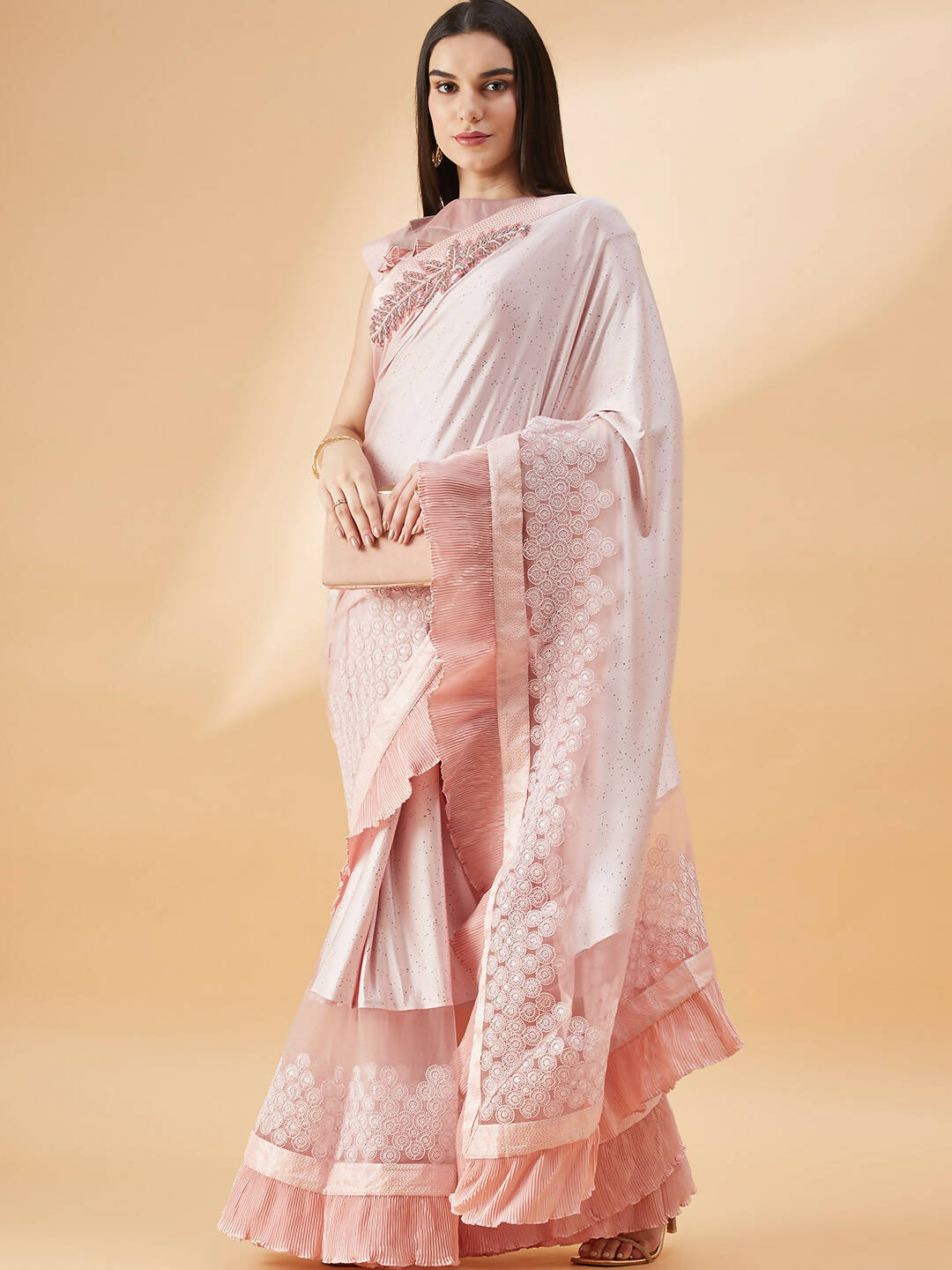 Pink Lycra Frill Details, Hand Embroidered Brooch Saree - Norita Hit Design | Grocsy