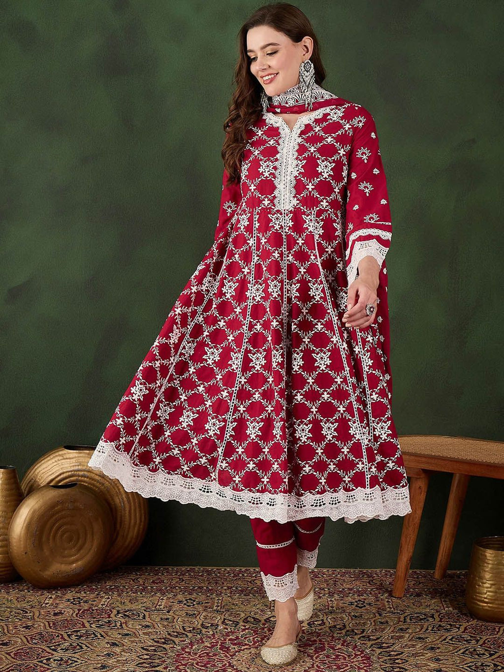 Sangria Embroidered Pure Cotton Kurta & Trouser With Dupatta | Grocsy