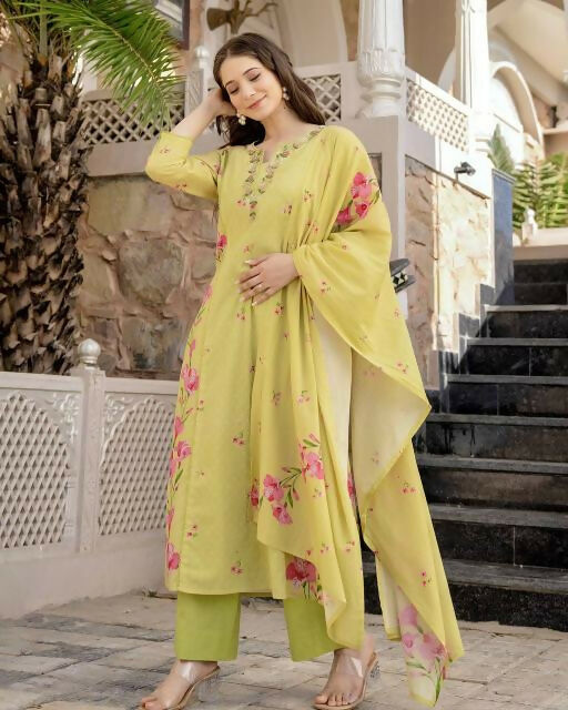 The52 Lemons Women's Beautiful Chanderi Fabric Printed Work Straight Kurta Pant and Dupatta Set | Grocsy