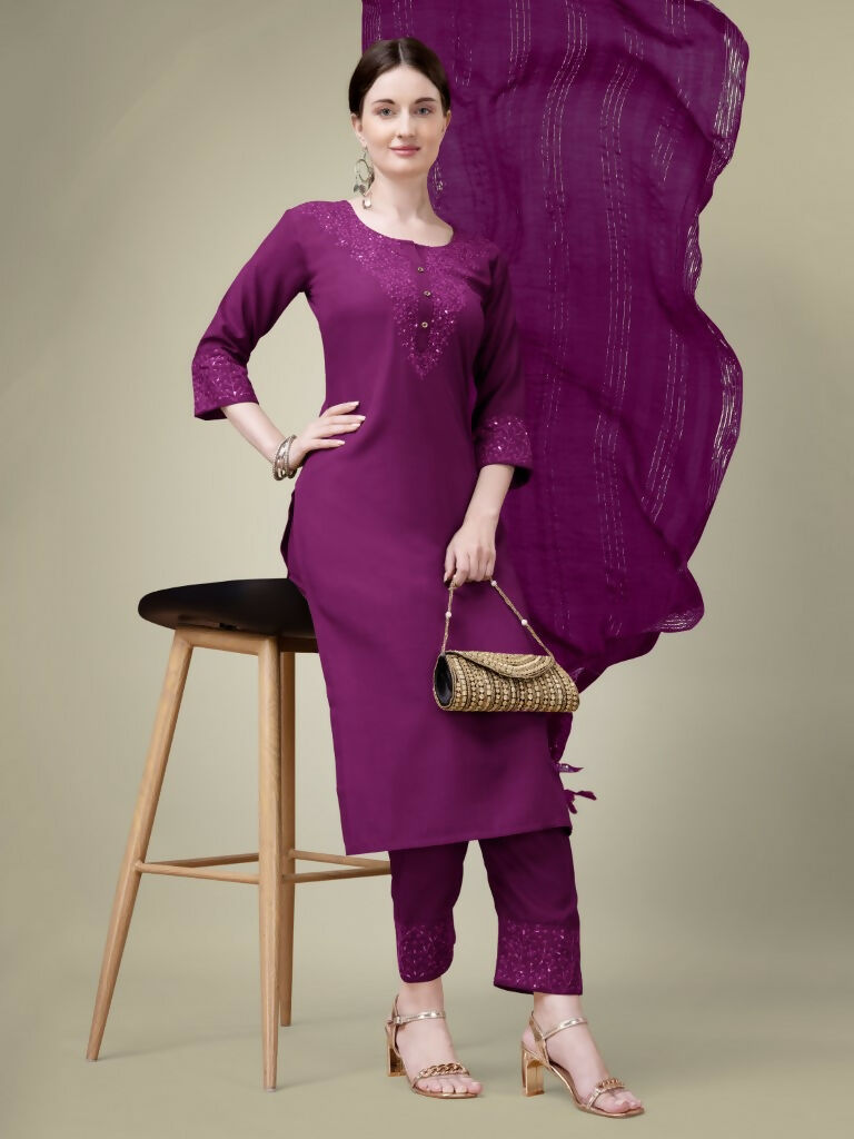 Jyoti Fashion Women's Purple Cotton Blend Embroidery & Sequence work Kurta with Trouser & Dupatta | Grocsy