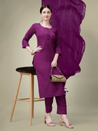 Jyoti Fashion Women's Purple Cotton Blend Embroidery & Sequence work Kurta with Trouser & Dupatta | Grocsy